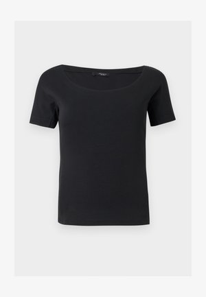 Haut noir à manches courtes et ajusté avec un large décolleté en forme de scoop, en tissu lisse, présenté à plat sur un fond gris clair.