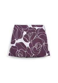 Blumiger Rock mit lila Hintergrund und weißem Rosenmuster, gerader Schnitt und leichter Stoff.