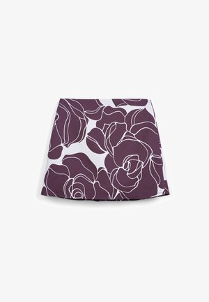 Gonna floreale con sfondo viola e motivo a rose bianche, caratterizzata da una forma dritta e un tessuto leggero.