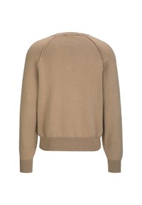 Beiger Pullover mit Rundhalsausschnitt, gerippten Bündchen und Saum. Weicher Stoff, mit lockerer Passform und Raglanärmeln für mehr Komfort.