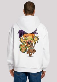 Sudadera blanca con un diseño de cartoon colorido en la parte posterior, que representa una pizza derritiéndose y a Scooby-Doo con el texto "¡Corre Roh!" en colores llamativos.