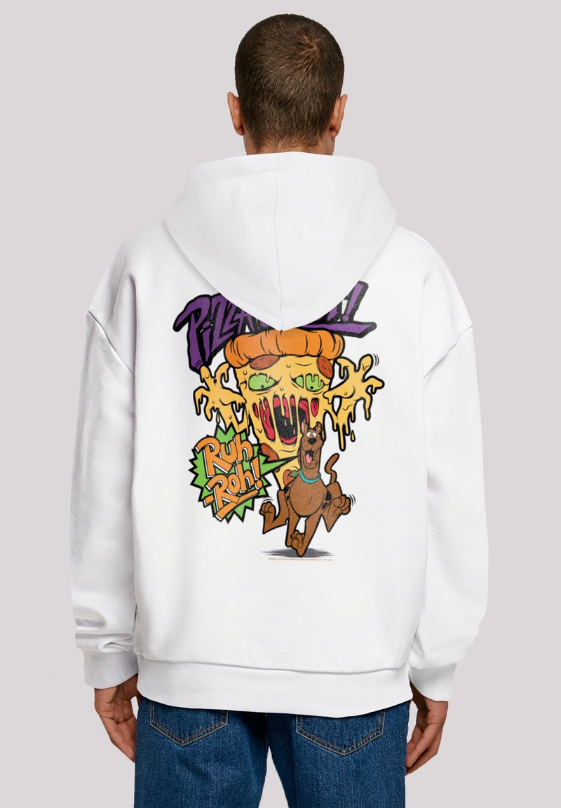 Sudadera blanca con un diseño de cartoon colorido en la parte posterior, que representa una pizza derritiéndose y a Scooby-Doo con el texto "¡Corre Roh!" en colores llamativos.