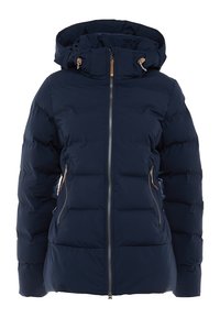 Tmavě modrá prošívaná bunda s vysokým límcem, zapínáním na zip a dvěma bočními kapsami. Má prošívaný design a nastavitelnou kapuci se stahovací šňůrkou.