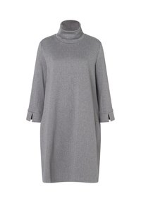 Helles graues Rollkragenkleid mit Dreiviertelärmel. Weicher Stoff mit vertikalen Streifen und kleinen Schlitzen an den Ärmelsäumen.