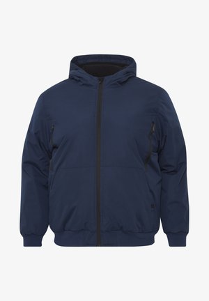 Sötétkék kapucnis dzseki sima anyagból, két cipzáras oldalzsebbel és rugalmas mandzsettával, egyenes szabású és egységes textúrájú.