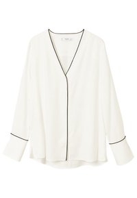 Blouse blanche avec un col en V profond, des manches longues bordées d'un liseré noir contrastant et une coupe décontractée avec un ourlet légèrement arrondi.