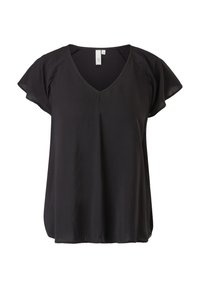 Blusa nera a maniche corte con scollatura a V. Realizzata in tessuto leggero, presenta una vestibilità comoda e una consistenza morbida. Nessun motivo o dettaglio in evidenza.