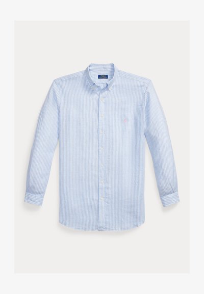 Lichtblauw overhemd met lange mouwen, witte verticale strepen, button-down kraag en klein geborduurd logo op de linkerborst.