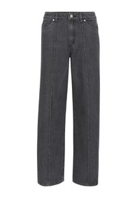 Black denim wide-leg jeans with a high waist, front pockets, and contrasting stitching. Features a button closure and straight-leg design.