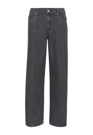 Jean en denim noir à jambes larges avec une taille haute, poches avant et coutures contrastantes. Comprend une fermeture à bouton et un design à jambes droites.