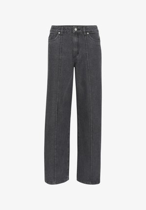 Jeans in denim nero a gamba larga con vita alta, tasche anteriori e cuciture a contrasto. Presentano una chiusura con bottone e un design a gamba dritta.