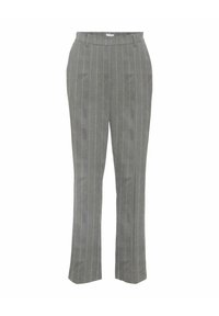 Hallid triibulised püksid, millel on sirged sääred, elastne vöökoht ja peened kollased kontrastjooned. Skeemitud kangatekstuur.