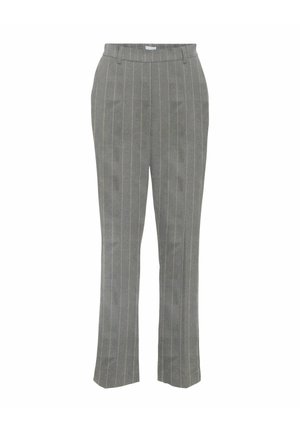 Šedé pruhované kalhoty se střihem rovného střihu, s elastickým pasem a jemnými kontrastními žlutými linkami. Tkanina má úpravu typickou pro na míru šité oblečení.