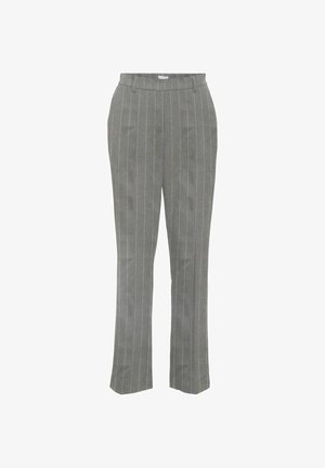 Szare spodnie w paski o prostym kroju nogawek, z elastycznym paskiem w talii i subtelnymi, kontrastującymi żółtymi liniami. Materiał o kroju dopasowanym, tkanina o teksturze.