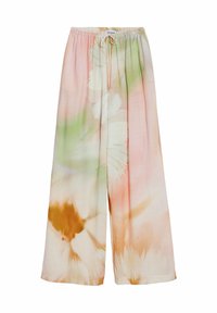 Pantaloni a gamba larga leggeri e fluidi in morbidi colori pastello, con un motivo floreale. Vita elastica con cordoncino per una vestibilità regolabile.