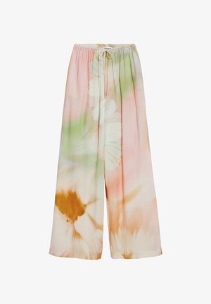 Lichte, vloeiende wijde broek in zachte pastelkleuren, met een bloemmotief. Elastische tailleband met een trekkoord voor een verstelbare pasvorm.