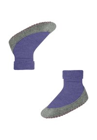Calzino viola con fondo grigio texturizzato, con cuciture rosa lungo il bordo. Il risvolto è morbido e a costine per una vestibilità aderente.