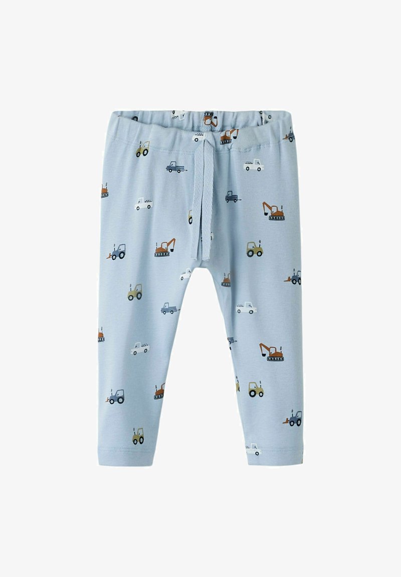 Svijetloplave dječje hlače s elastičnim pojasom i vezicom, ukrašene malim građevinskim vozilima i kamionima u prigušenim bojama.