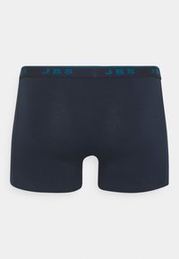 Herrboxershorts i mörk marinblått tyg, med en bekväm elastisk midja med "JBS"-logotyp i teal, sömlösa benöppningar.