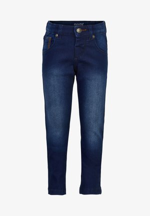 Mørkeblå børne slim-fit denimjeans med forlommer, bæltestropper og knaplukning.