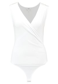 Valkoinen ilman hihoja oleva bodysuit, jossa on kietaisumuotoilu ja napitus haarassa, koko pieni, valmistettu sileästä kankaasta.