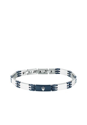 Bracciale a maglie in metallo argento e blu scuro con un emblema a tridente sulla piastra centrale blu scuro, mostrato su sfondo bianco.