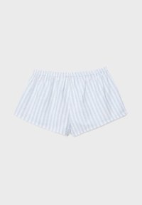 Shorts en coton blanc avec des fines rayures verticales bleues et une ceinture élastique, présentés à plat sur un fond clair.