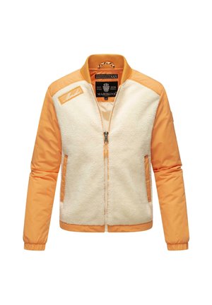 Fleece-lined jacket with a zip front. Cream body and orange sleeves. Features a collar and logo on the chest. Textured fabric.