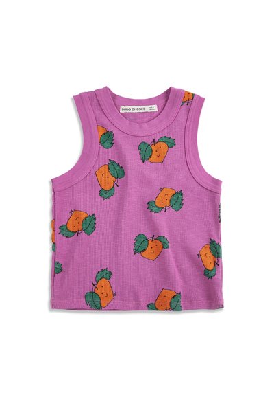 Lila ärmelloses, geripptes Kleinkind-Top mit lächelndem Orangenfrucht- und grünem Blattmuster, Marke Bobo Choses, Größe 4-5 Jahre.
