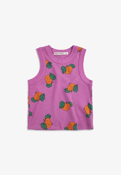 Lila ärmelloses, geripptes Kleinkind-Top mit lächelndem Orangenfrucht- und grünem Blattmuster, Marke Bobo Choses, Größe 4-5 Jahre.