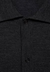 Dark gray knitted cardigan with a folded collar and two visible black buttons down the front.