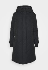 Abrigo negro acolchado con capucha, que cuenta con mangas largas, bolsillos con cremallera y una Silueta recta, hecho de un material suave e insulated.
