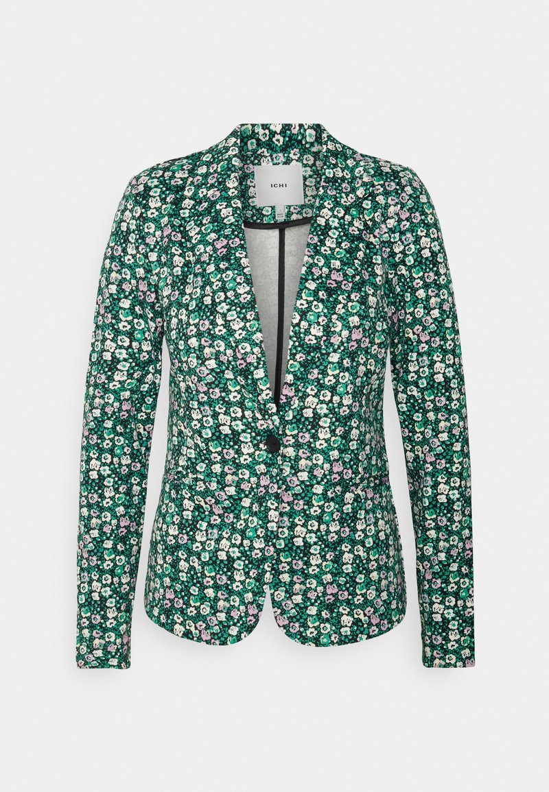 Blazer vert à motif floral avec manches longues, fermeture à un bouton noir, et col à revers cranté.