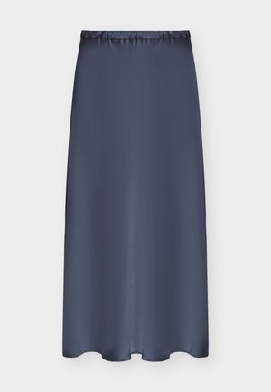 Jupe bleu marine mi-longue avec taille élastique et tissu lisse, présentée à plat sur un fond clair.