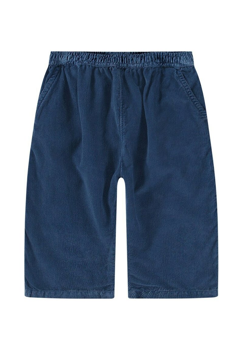 Pantaloni corti in corduroy blu navy con vita elasticizzata, due tasche laterali e vestibilità dritta. Tessuto texture con righe verticali.