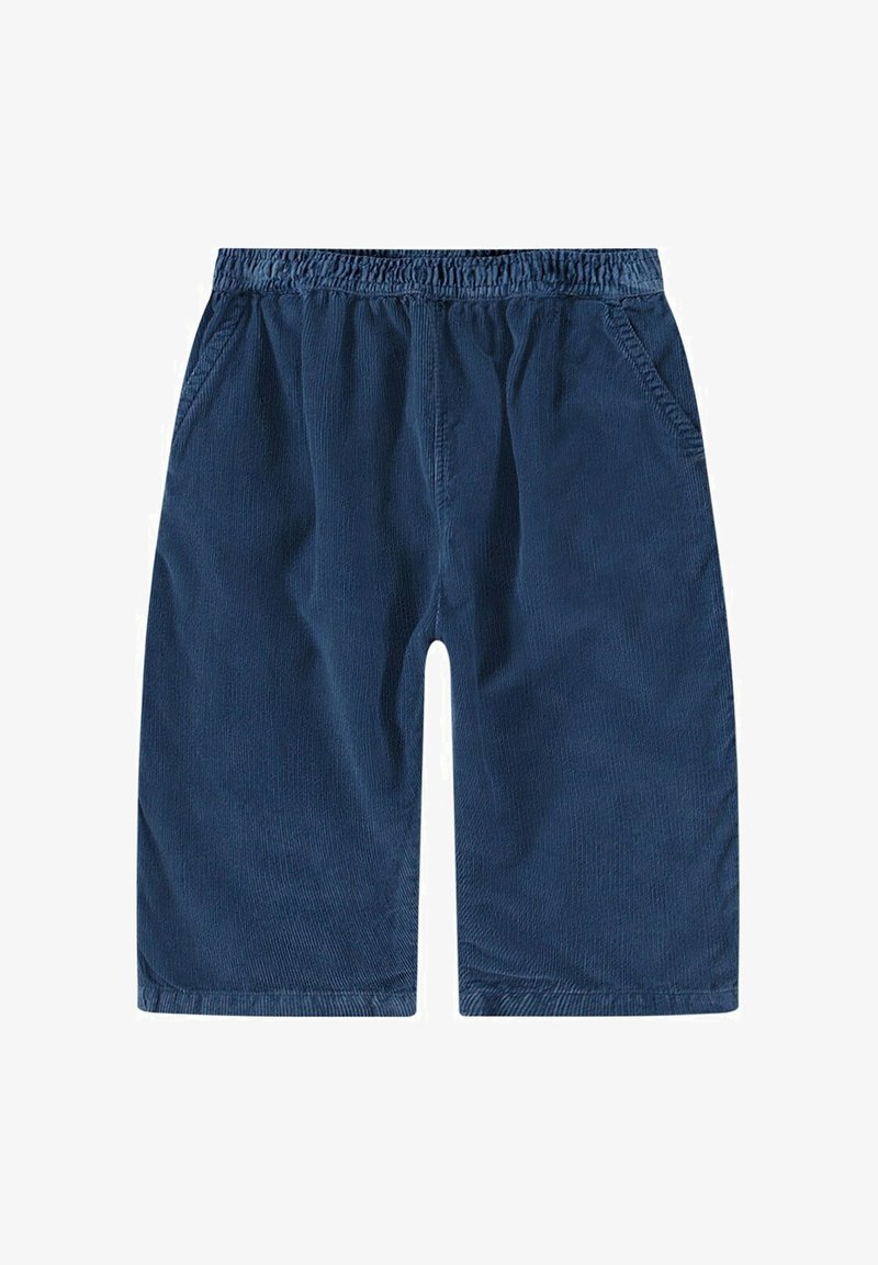 Pantaloni corti in corduroy blu navy con vita elasticizzata, due tasche laterali e vestibilità dritta. Tessuto texture con righe verticali.