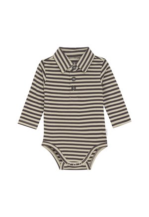 Body bébé à manches longues avec rayures horizontales marron et beige, col, trois boutons et pressions à l'arrière.