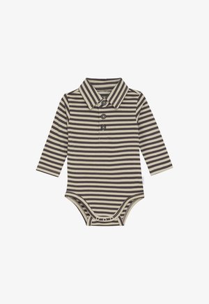 Body bébé à manches longues avec rayures horizontales marron et beige, col, trois boutons et pressions à l'arrière.