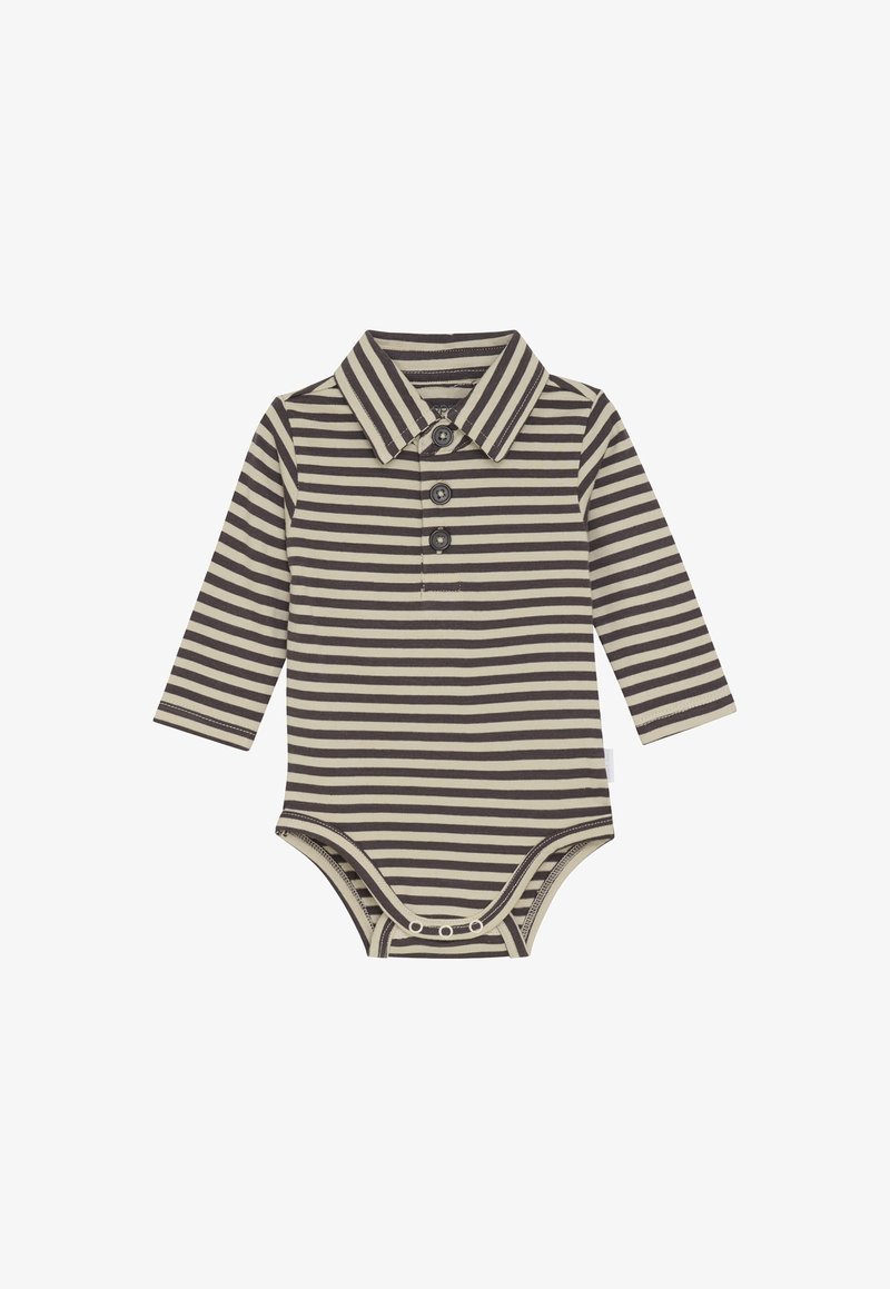Body bébé à manches longues avec rayures horizontales marron et beige, col, trois boutons et pressions à l'arrière.