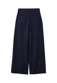 Pantalons bleu marine à jambes larges avec une taille haute et deux poches passepoilées au dos, présentés sur un fond blanc.