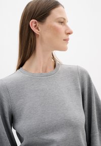 Grauer langärmeliger Sweatshirt mit rundem Ausschnitt, glatter Textur und dezenten Nähdetails an den Schultern.
