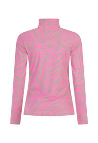 Camiseta de manga larga en color rosa con rayas de cebra grises, con cuello alto y un tejido suave y elástico. Sin hebillas ni acentos visibles.