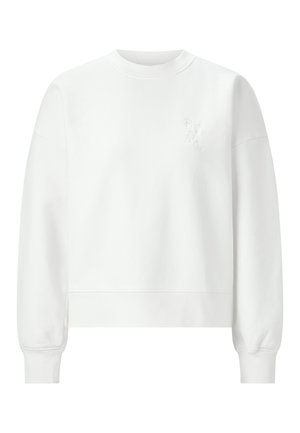 Felpa bianca con finitura testurizzata, collo rotondo e polsini a coste. Presenta un logo impresso discreto sul petto.
