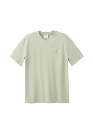 Jasnozielona bawełniana koszulka z krótkim rękawem i okrągłym dekoltem, z małą grafiką strzykawki i napisem na górnej lewej części klatki piersiowej.