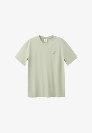 Jasnozielona bawełniana koszulka z krótkim rękawem i okrągłym dekoltem, z małą grafiką strzykawki i napisem na górnej lewej części klatki piersiowej.