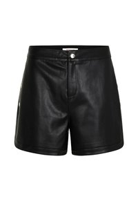 Pantaloni corti in pelle nera con un design aderente, dotati di chiusura frontale con bottone, texture liscia e senza motivi o accenti visibili.