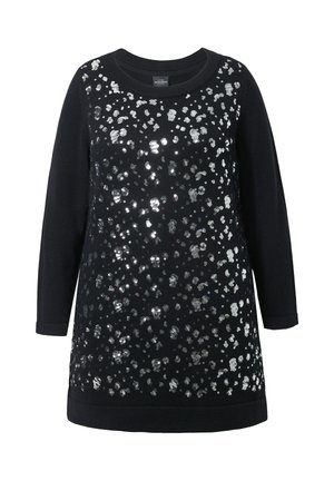 Vestido de suéter negro de manga larga con escote redondo, adornado con lentejuelas plateadas dispersas en la parte delantera.