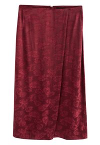 Bordó midi szoknya virágos levélmintával, sima textúrával és oldalsó hasítékkal, rejtett cipzárral az derékrészen.