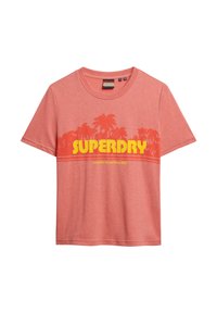 Rød meleret bomulds-t-shirt med "SUPERDRY" i fed gul tekst, palmetræsgrafik, rund halsudskæring og korte ærmer.