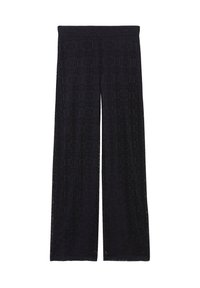 Schwarze weite Hosen aus strukturiertem Spitze mit einem kreisförmigen Muster und einem elastischen Bund. Das Design betont eine fließende Silhouette.